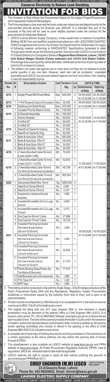 Lahore Electric Supply Company Tender Notice